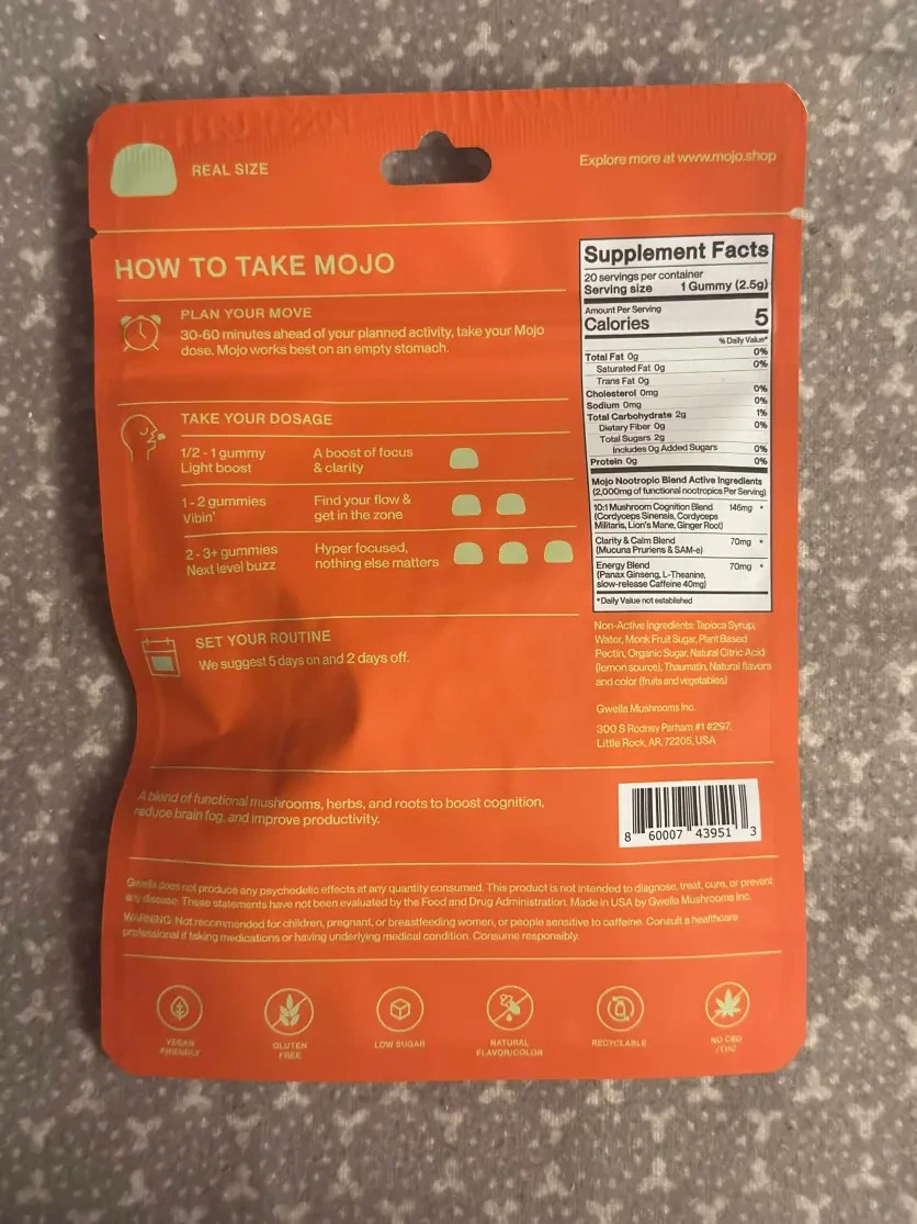 Mojo Brain Boost Focus Gummies Strawberry Tangerine 20 Gummies Sealed
