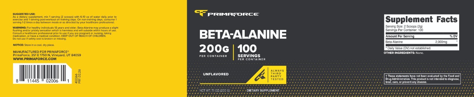 PrimaForce Beta Alanine Powder, Unflavored, 200 Grams
