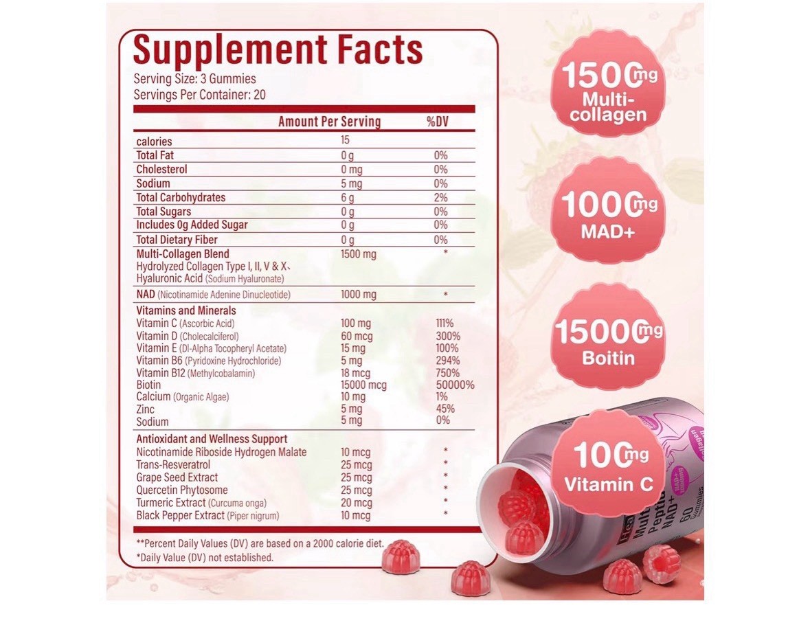 Collagen Gummies 1500mg + NAD Biotin Hair Skin Nails 60ct Pink