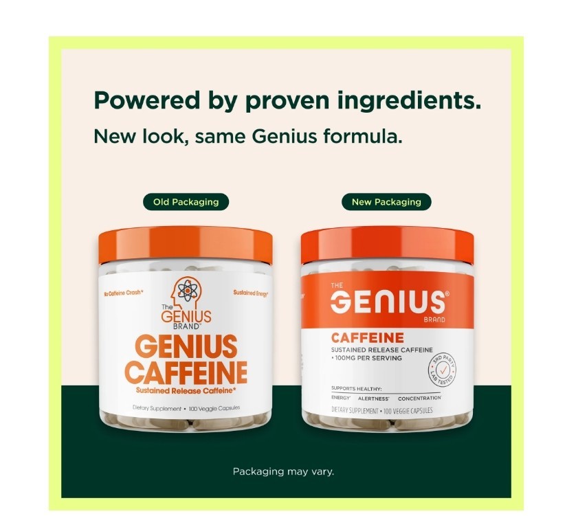 The Genius Brand, Genius Caffeine, 3 PACK, 100 mg, 100 Veggie Capsules 300 total