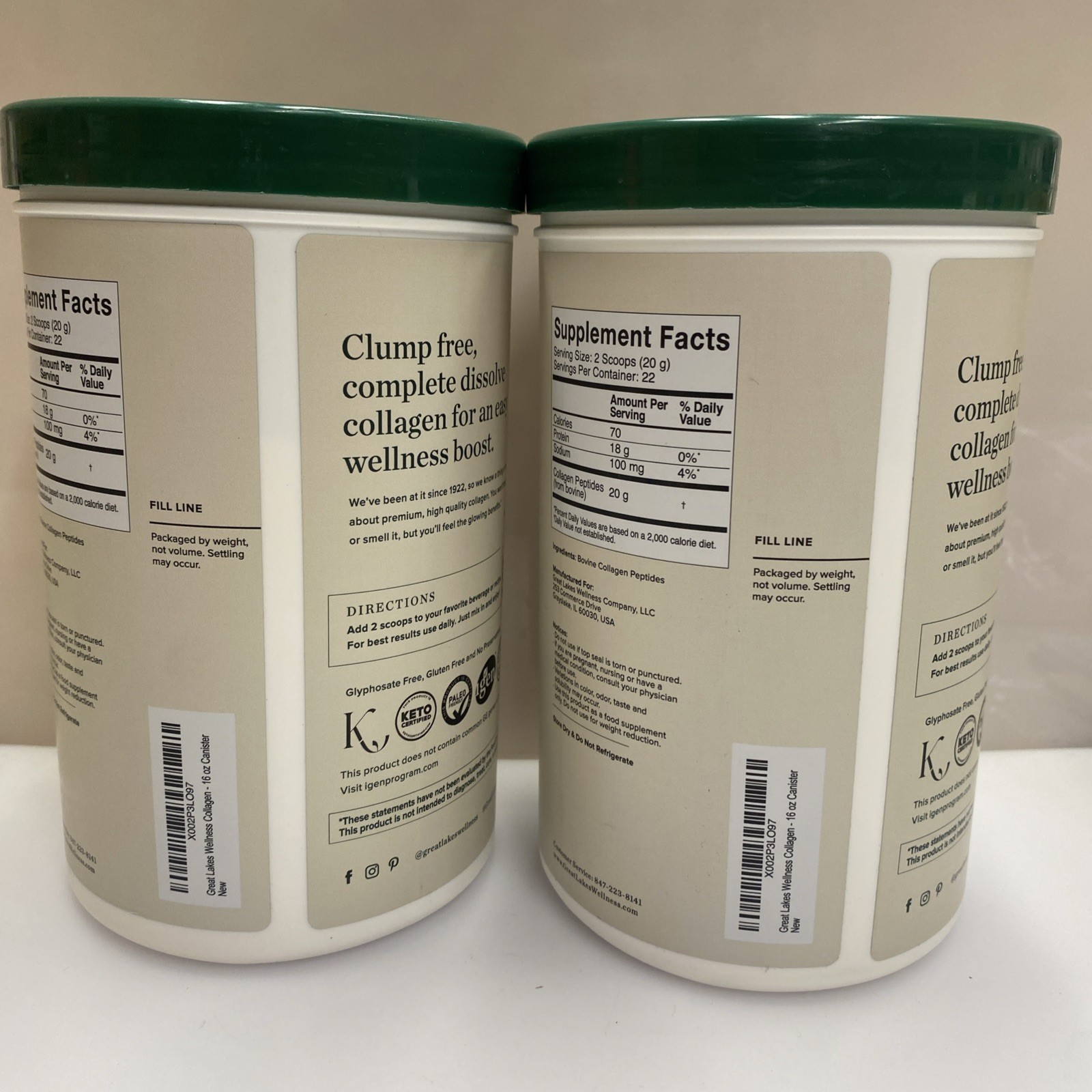 2X Great Lakes Wellness Grass-Fed Collagen Peptides Unflavored Powder 16 Oz