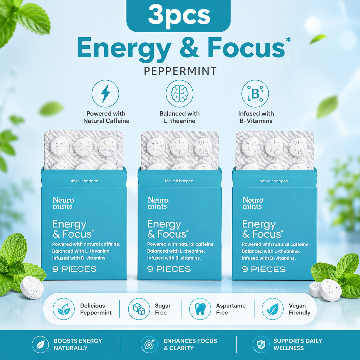 Neuro Energy & Focus Gum Peppermint Aspartame-Free Gluten-Free Sugar-Free