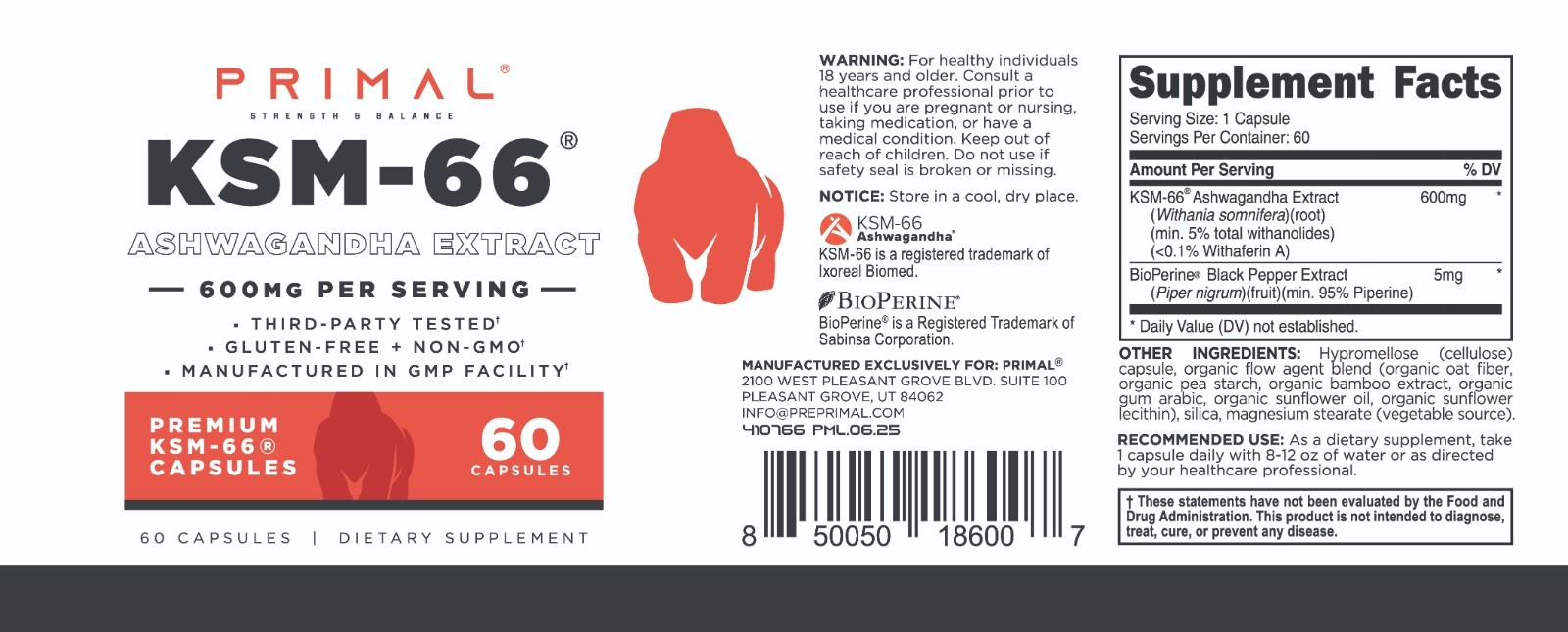 Primal KSM-66 Ashwagandha Capsules (60 Capsules / 60 Servings, 600 mg KSM-66)