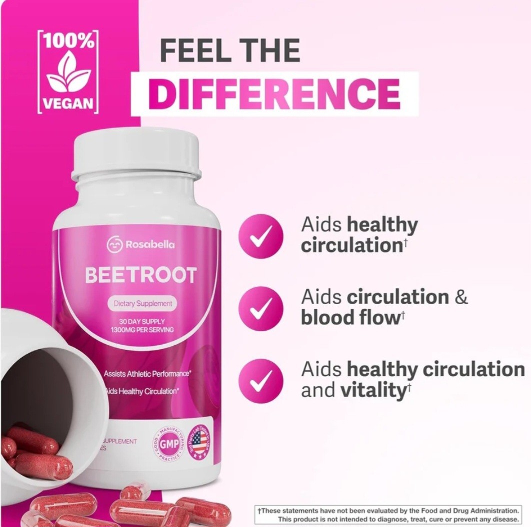 Rosabella Organic Beetroot 1300mg 60 Veggie Capsules Dietary Supplement