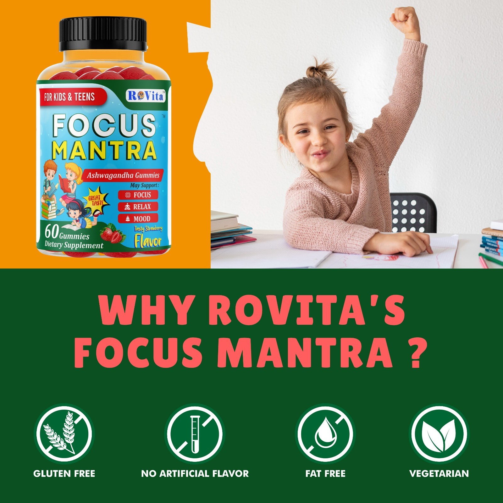 Focus Mantra Ashwagandha Brain Booster Gummies for Kids & Teens -Focus, Mood
