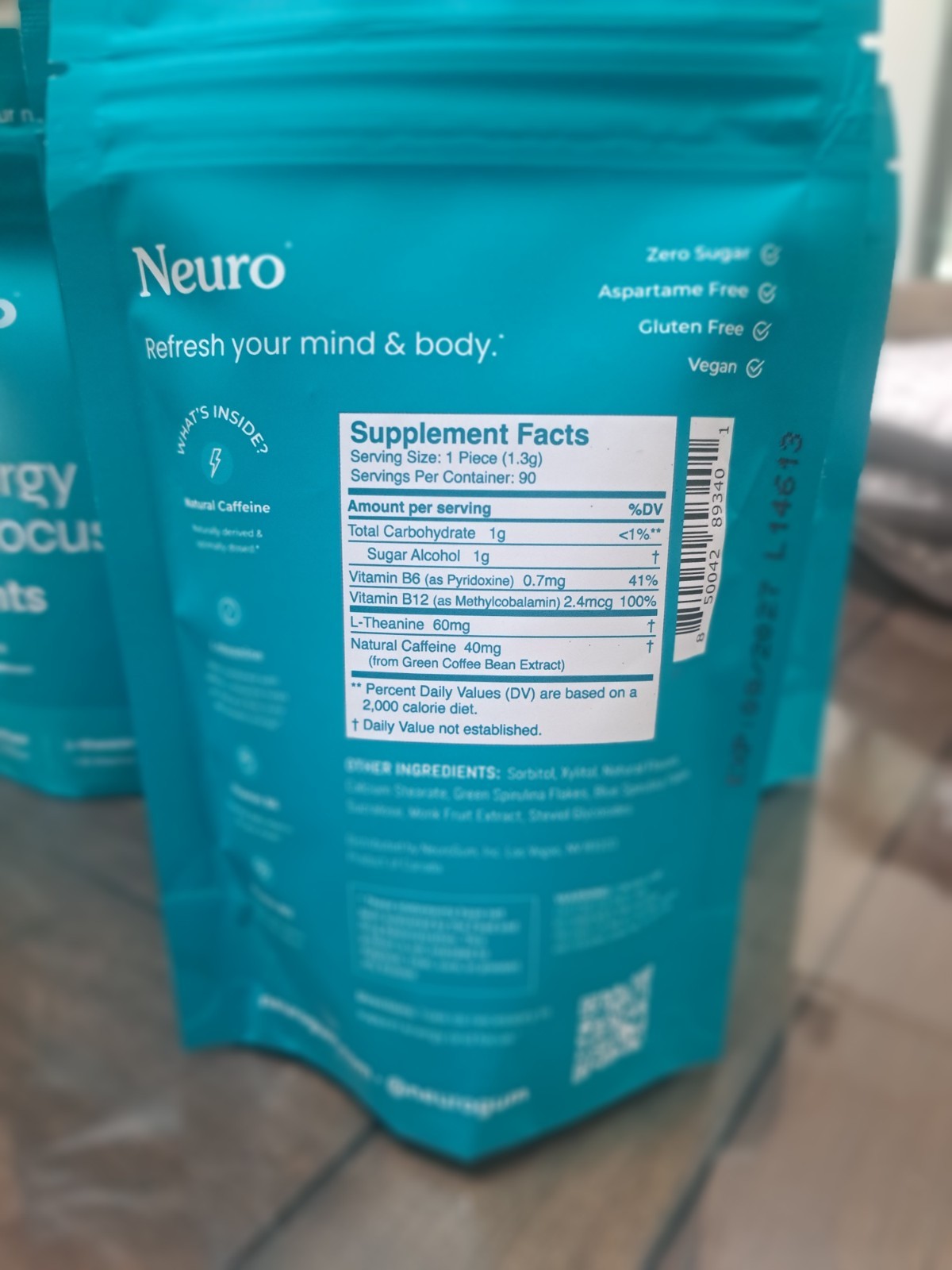 New Neuro Mints Energy and Focus 90 Pieces Wintergree Natural Caffeine Exp.8/27