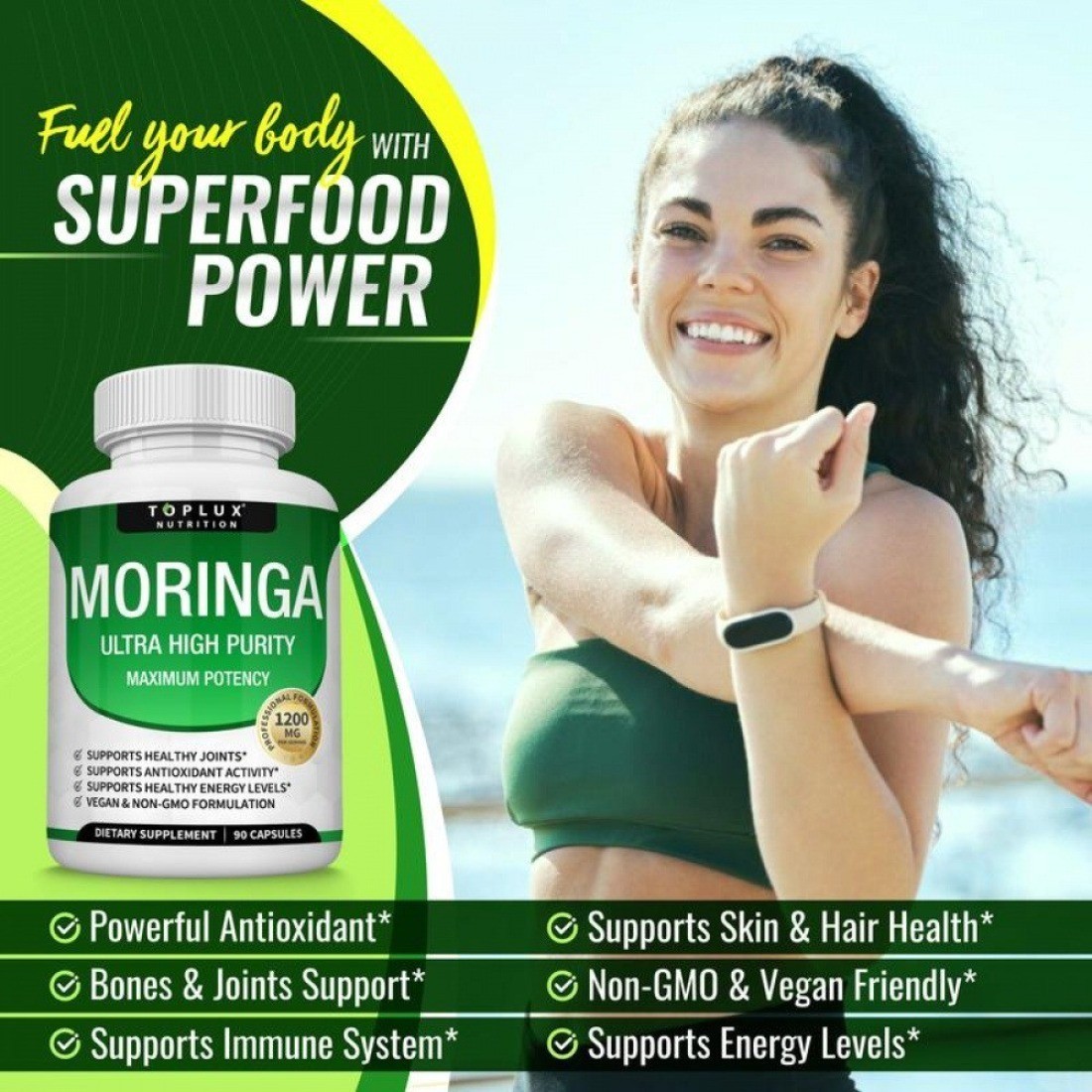 2 BOTTLES–TOPLUX Moringa Capsules 1200mg Pure Moringa Powder Immune Gut health
