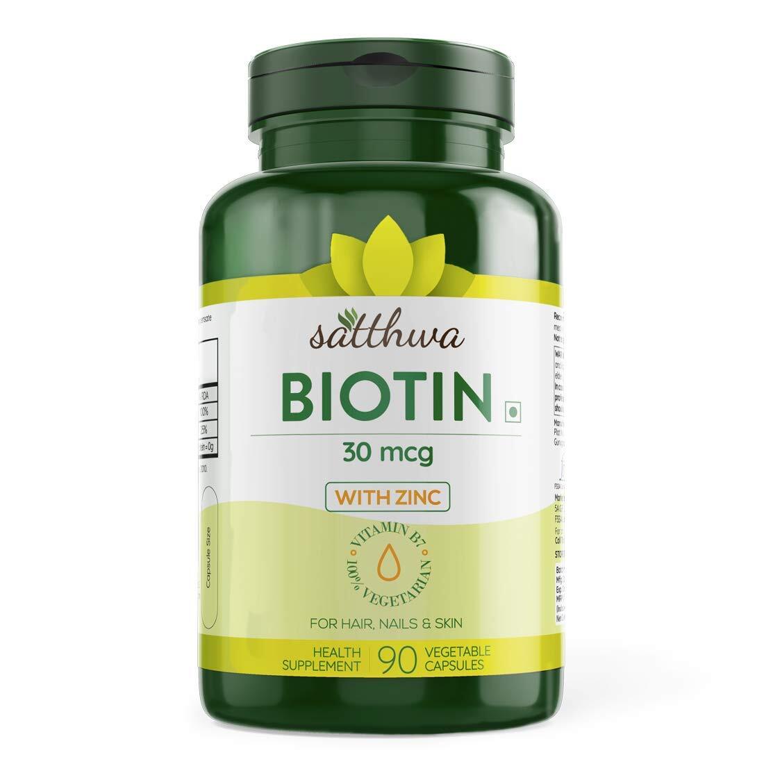 Satthwa Biotin With Zinc For Hair, Nails & Skin (90 Count) Long Expiry