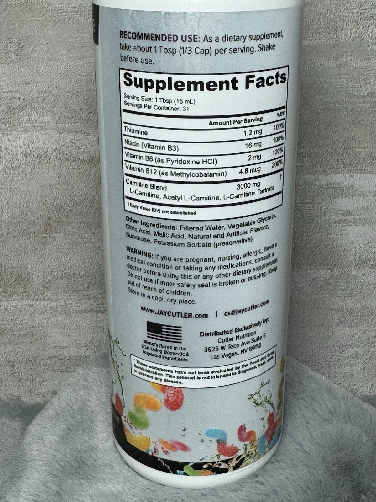 CUTLER L-Carnitine Liquid 3000mg Sour Gummy Worm Energy Support Exp 08/2028