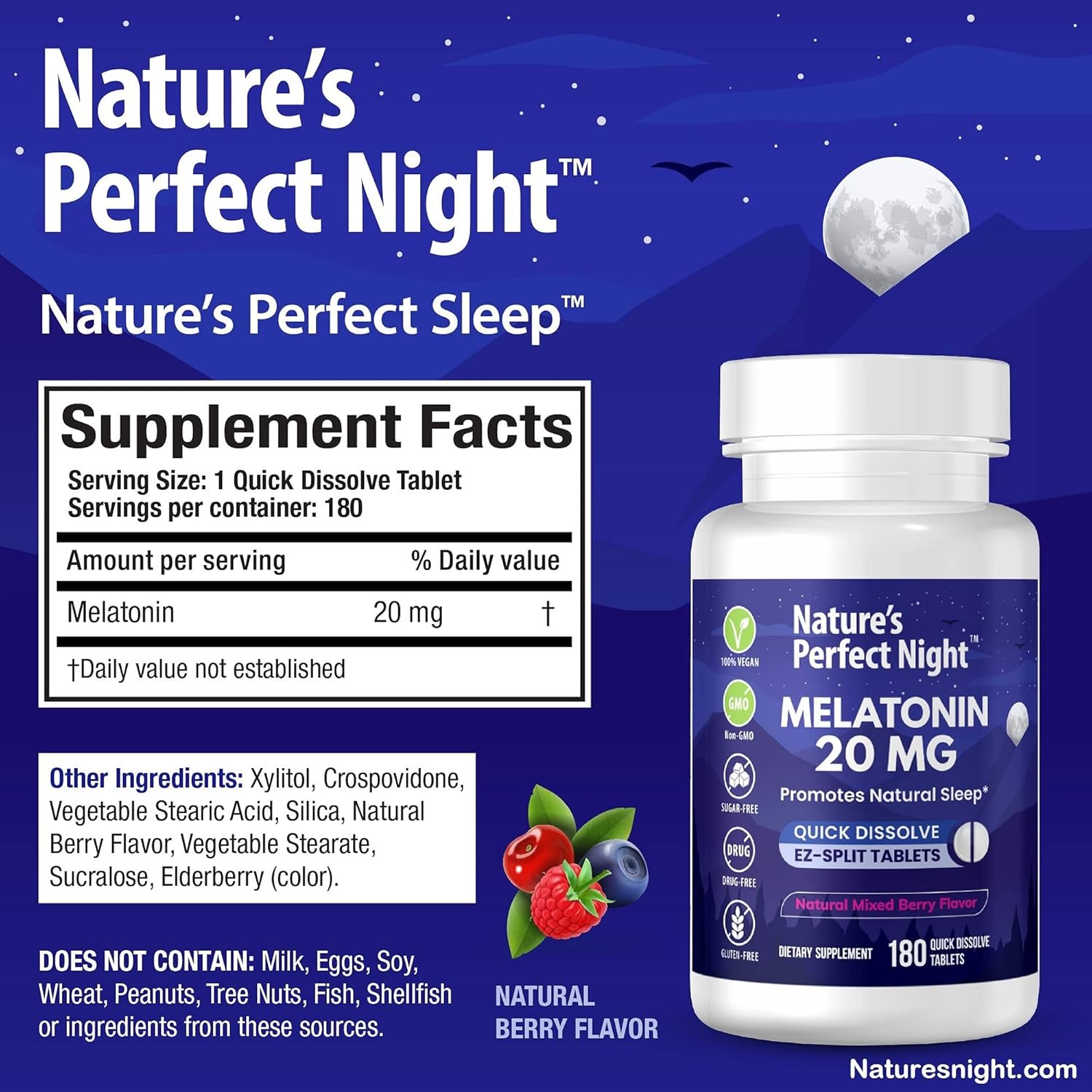 Melatonin 20mg | 180 Quick Dissolve Tablets | Natural Mixed Berry Flavor |High P