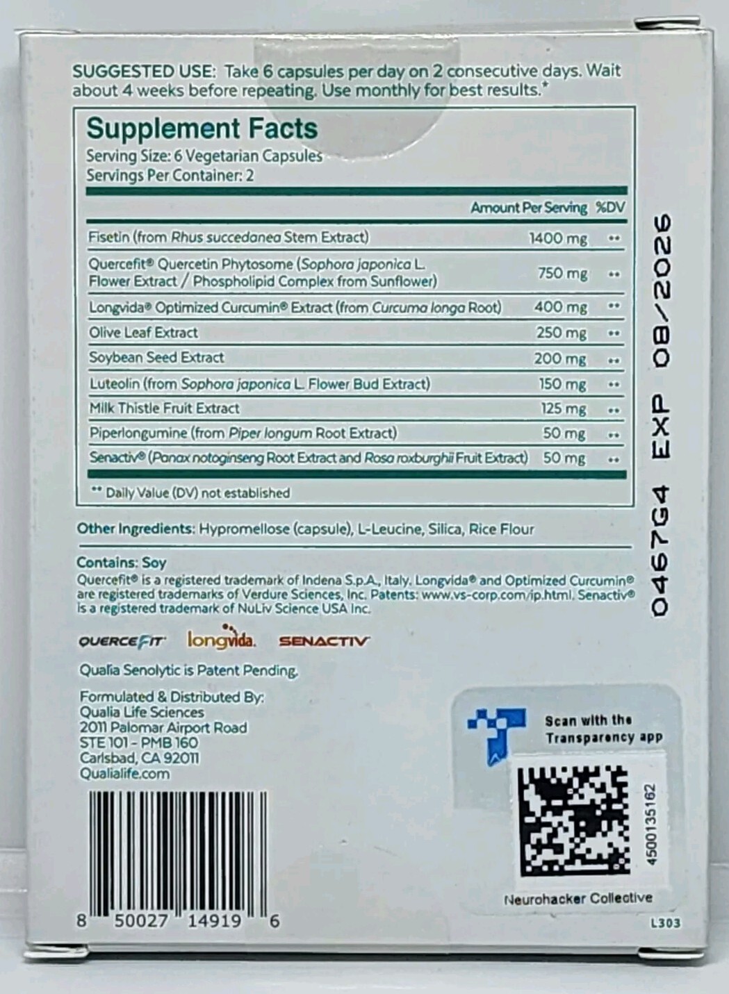 QUALIA Senolytic Optimized Aging Supports Youthful Cellular 12 Caps Exp 08/2026