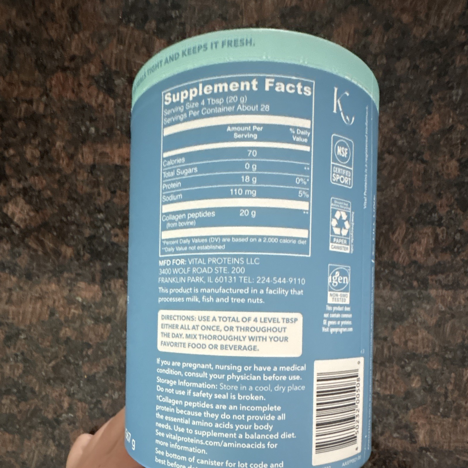 Vital Proteins Collagen Peptides Powder Unflavored Grass Fed 20 oz Gluten Free