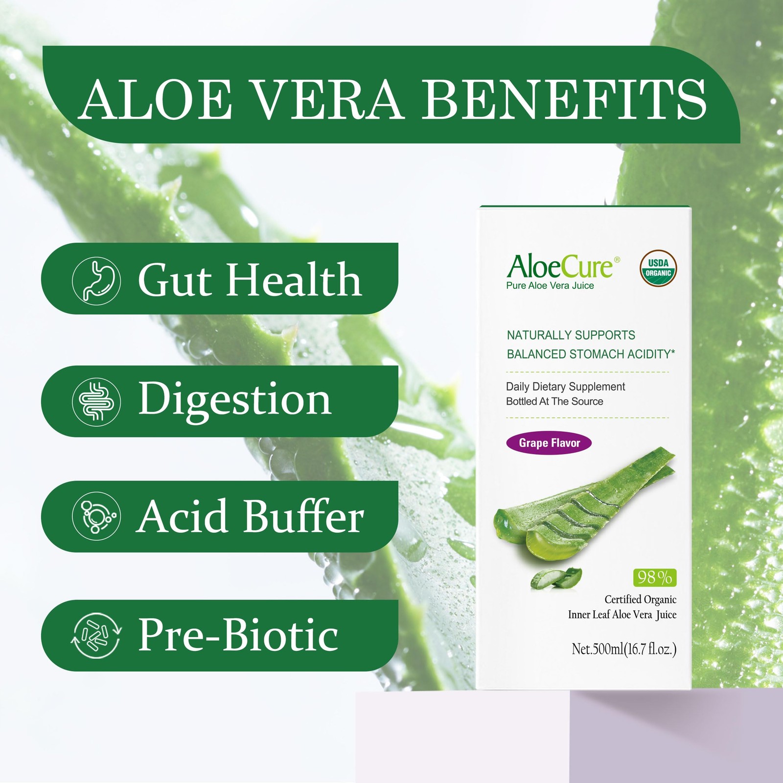 AloeCure USDA Organic Aloe Vera Juice Grape 16.7 Fl Oz (Pack of 1), White