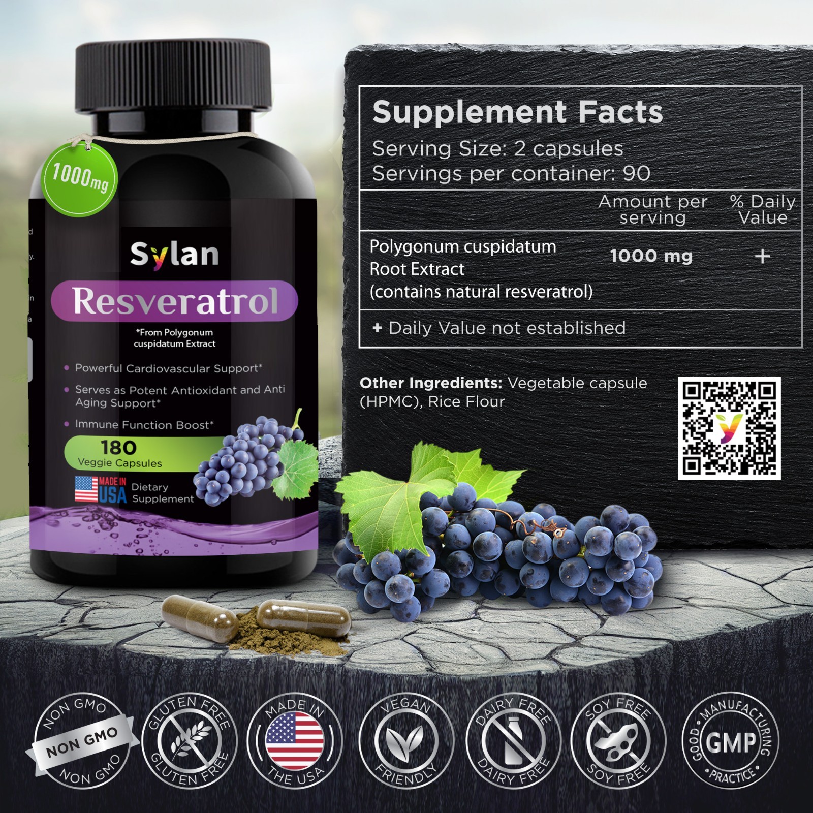 Resveratrol Supplement 1000 mg 180 Caps Made in USA Antioxidant & Anti Aging