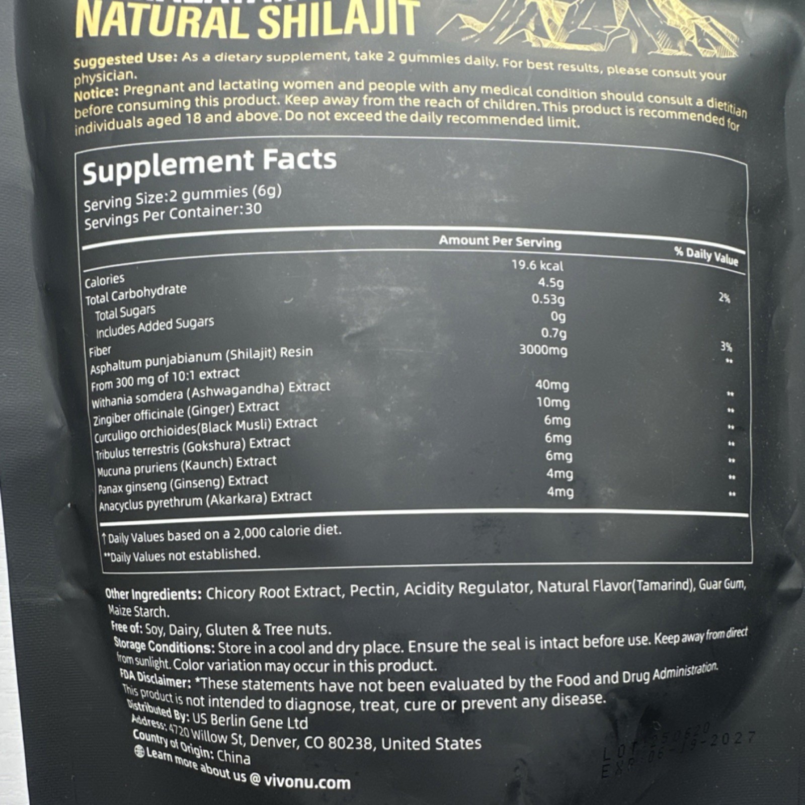 Vivonu Shilajit Gummies Tamarind Flavor 60ct 3000mg Gelatin-Free Exp 06/2027