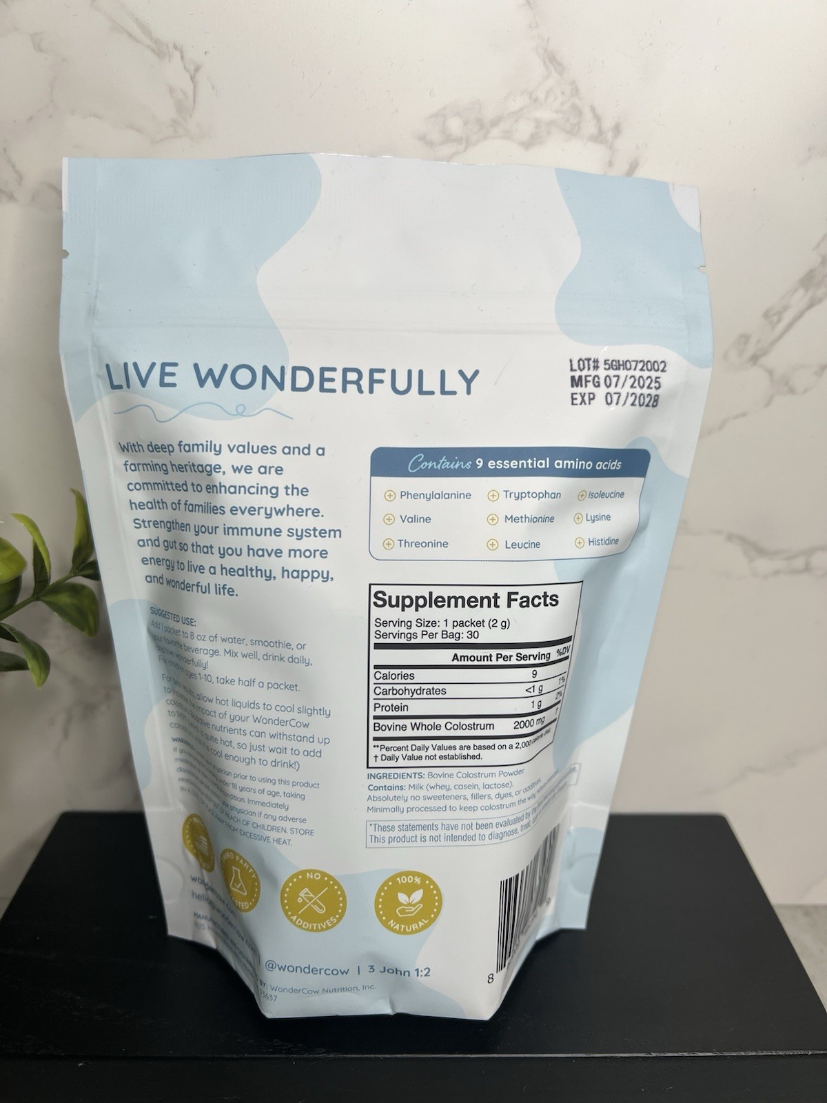 WonderCow Colostrum Powder 2000mg Unflavored 30 Packets 2.12oz Exp 07/28