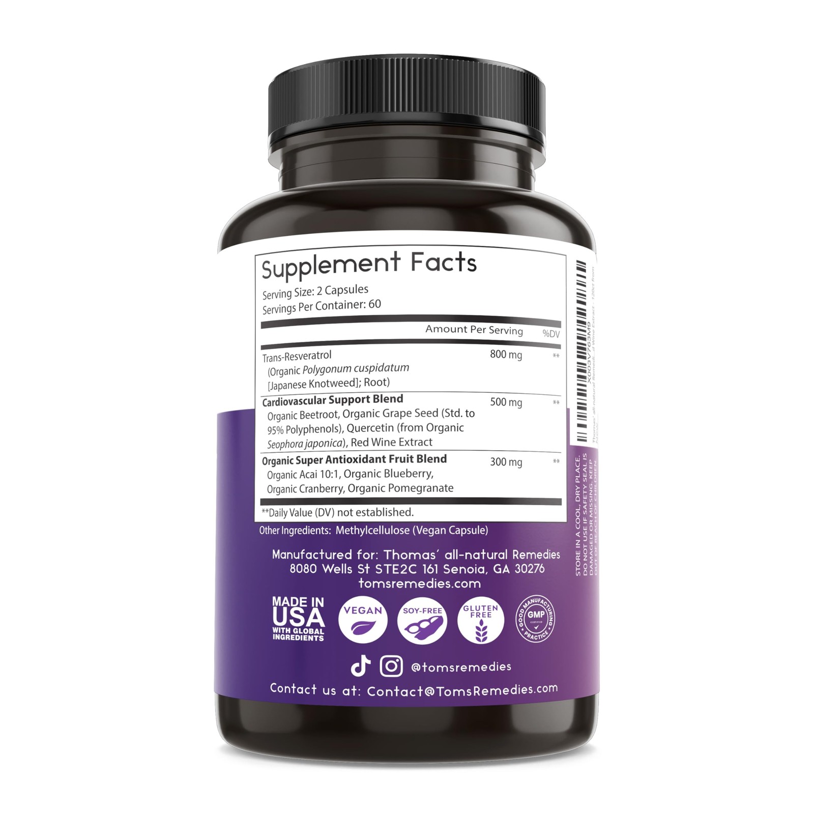Thomas’ all-natural Remedies Resveratrol 1600mg Organic 120 Count (Pack of 1)