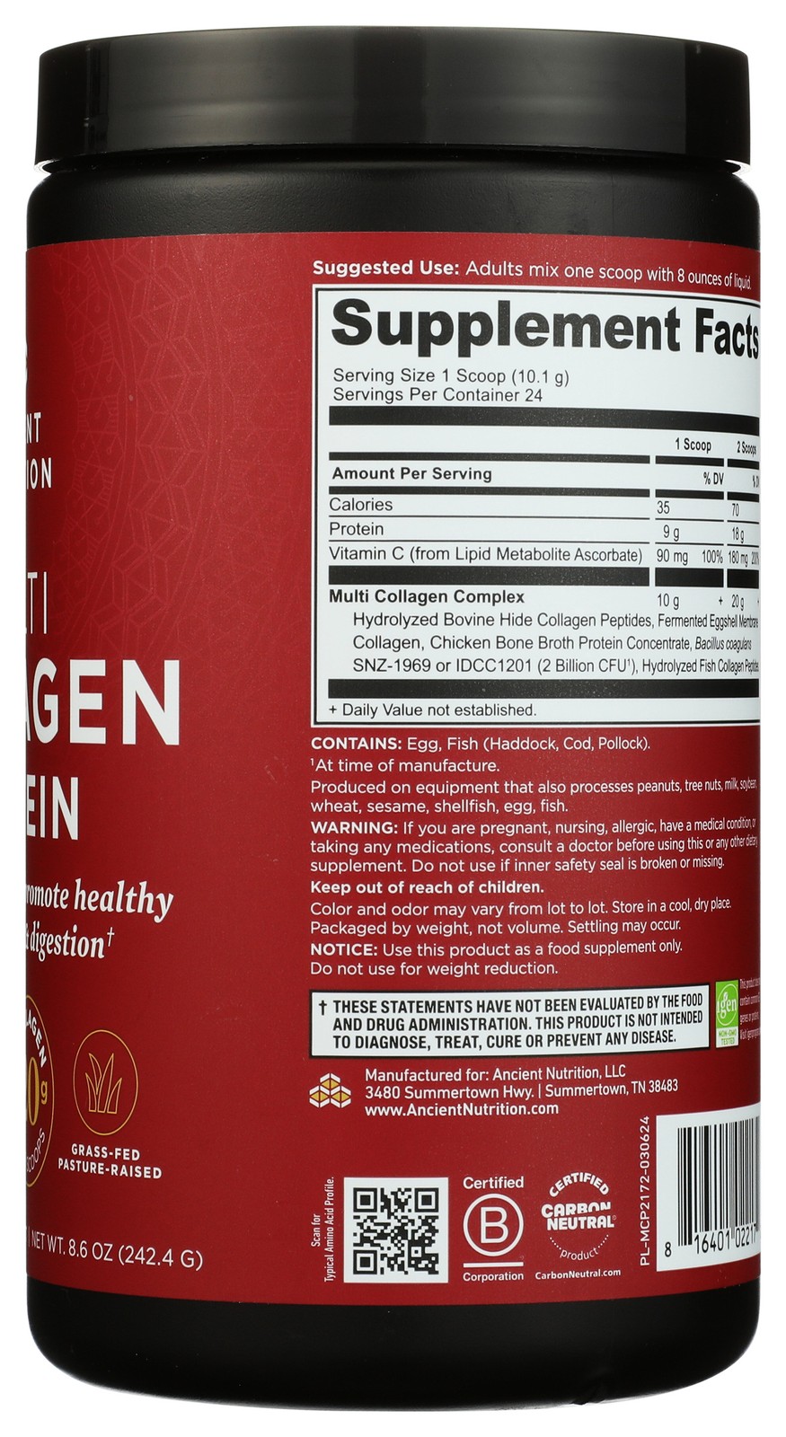 Ancient Nutrition Multi Collagen Protein Unflavored 8.6 Oz Coffee 1 Pack