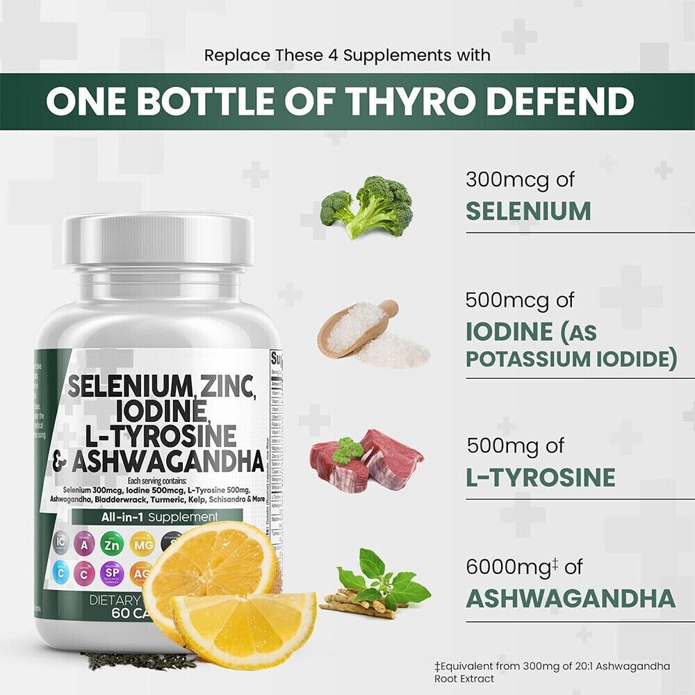 Selenium, Zinc, Iodine L-Tyrosine and Ashwagand All-in-One 60 Capsules