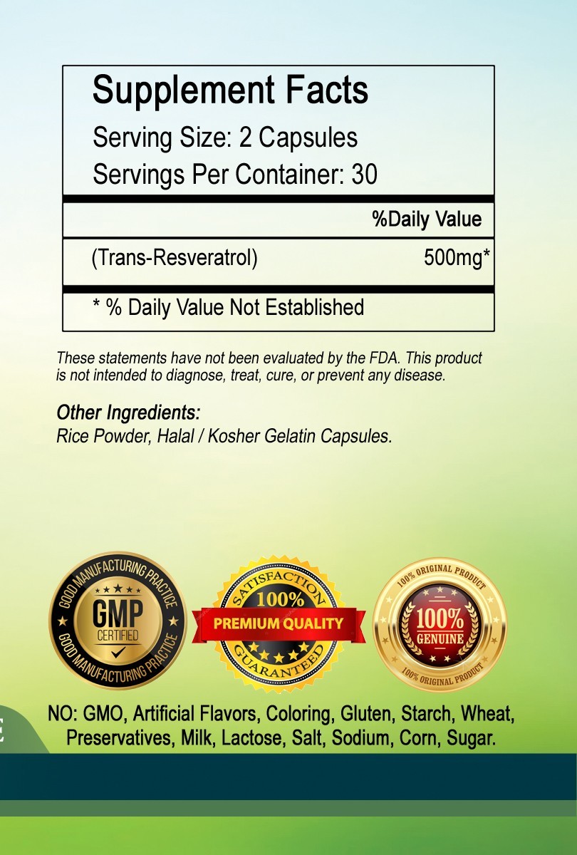 Trans Resveratrol capsules 500mg Serving- Fresh.