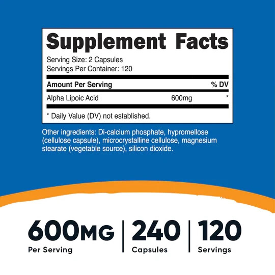 NUTRICOST Alpha Lipoic Acid – 600mg Serving/120 Servings- 240 Caps – EXP 8/2025