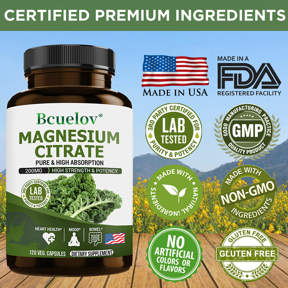 Magnesium Citrate 200mg Supplement Vegetarian/Gluten Free/Non-GMO
