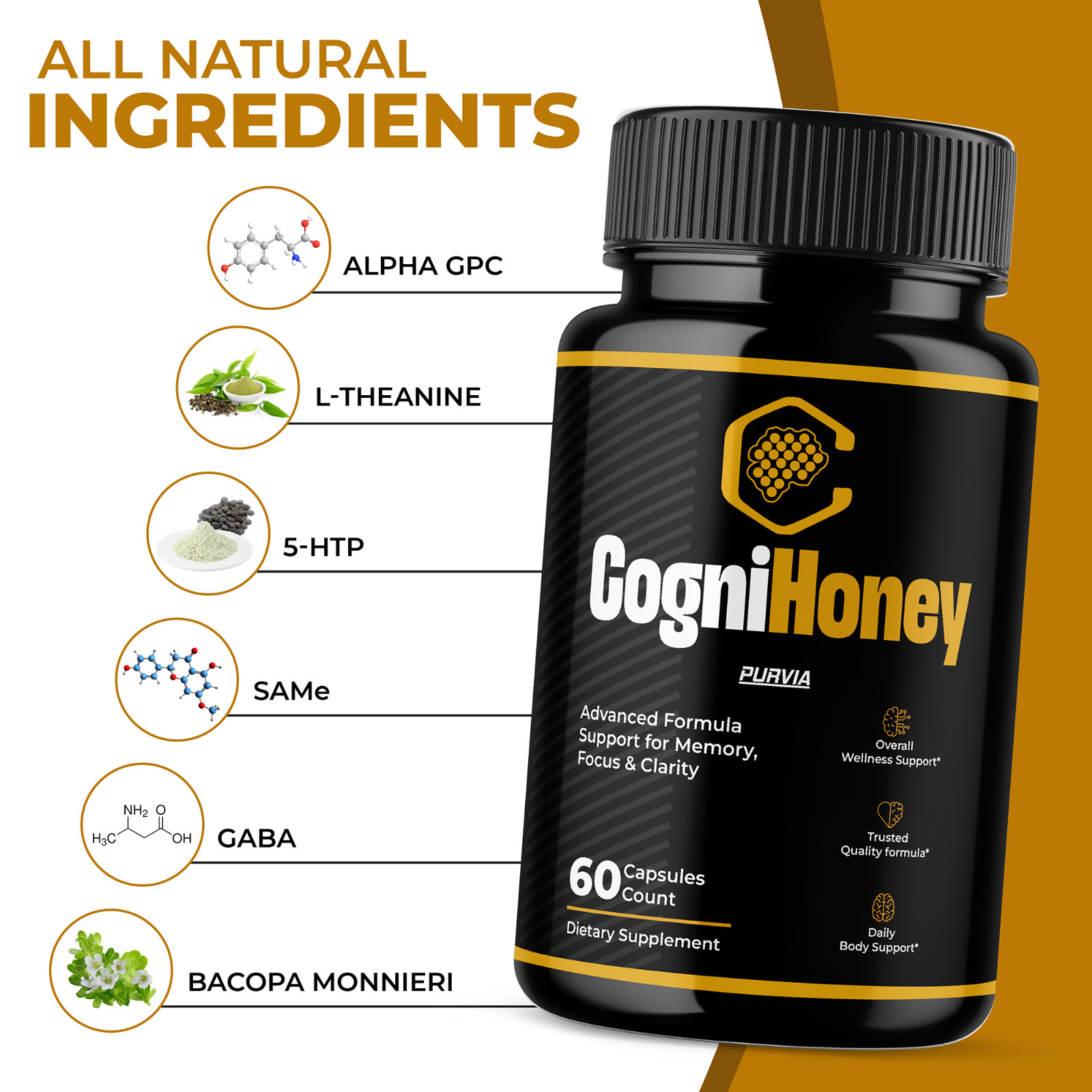 Cogni Honey Capsules Memory Focus Sharp Mind CogniHoney Supplements Pills (60ct)