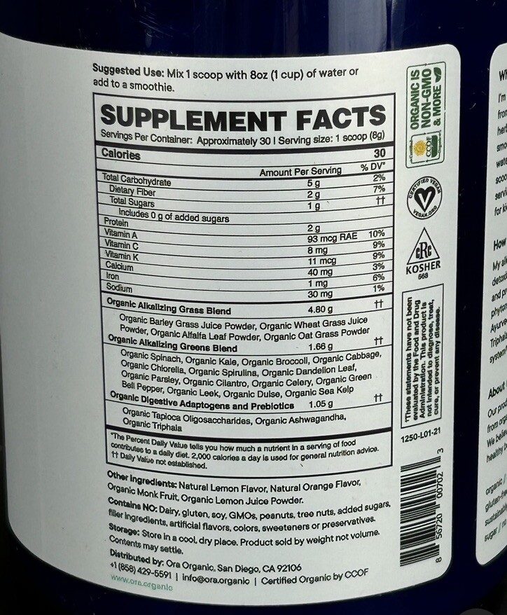 ORA Easy Being Green Superfood Greens Powder 30 Servings 8.5oz (240g) Ex. 11/24