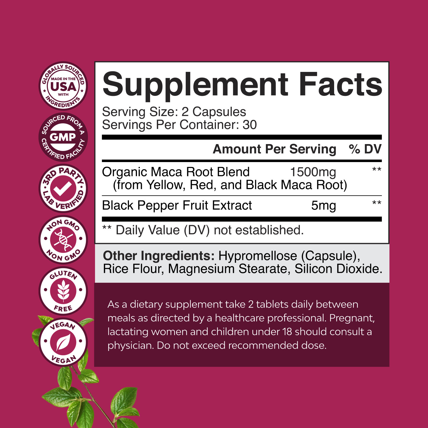 Organic Maca Root Capsules for Women – Non-GMO Certified Vegan Gluten-Free 60ct