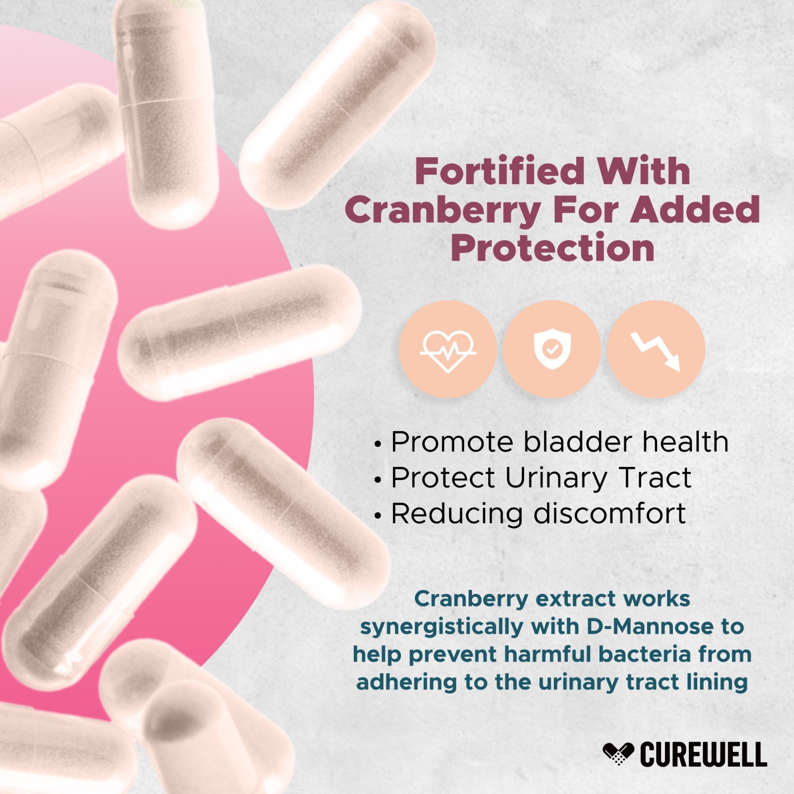 CUREWELL D-Mannose & Cranberry 1300mg (120 Capsules) Vegan & Non-GMO | Pack of 2