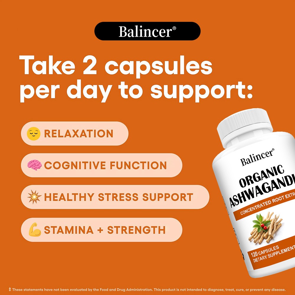 Organic Ashwagandha Supplement High Potency Supports Stress 30/60/120 Capsules
