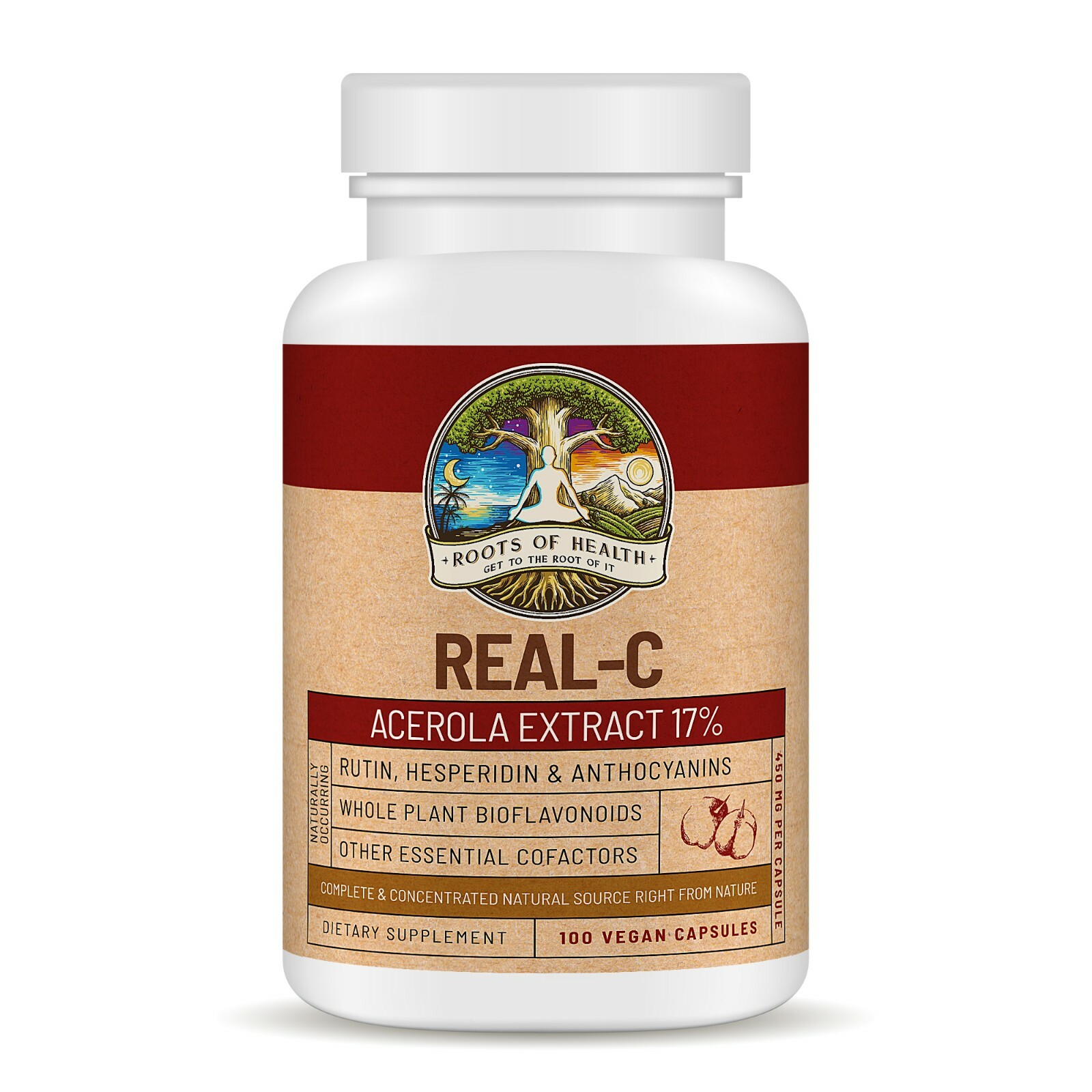 Real-C – Organic Acerola Cherry Extract 17%, Vitamin C, 100 Vegan Capsules