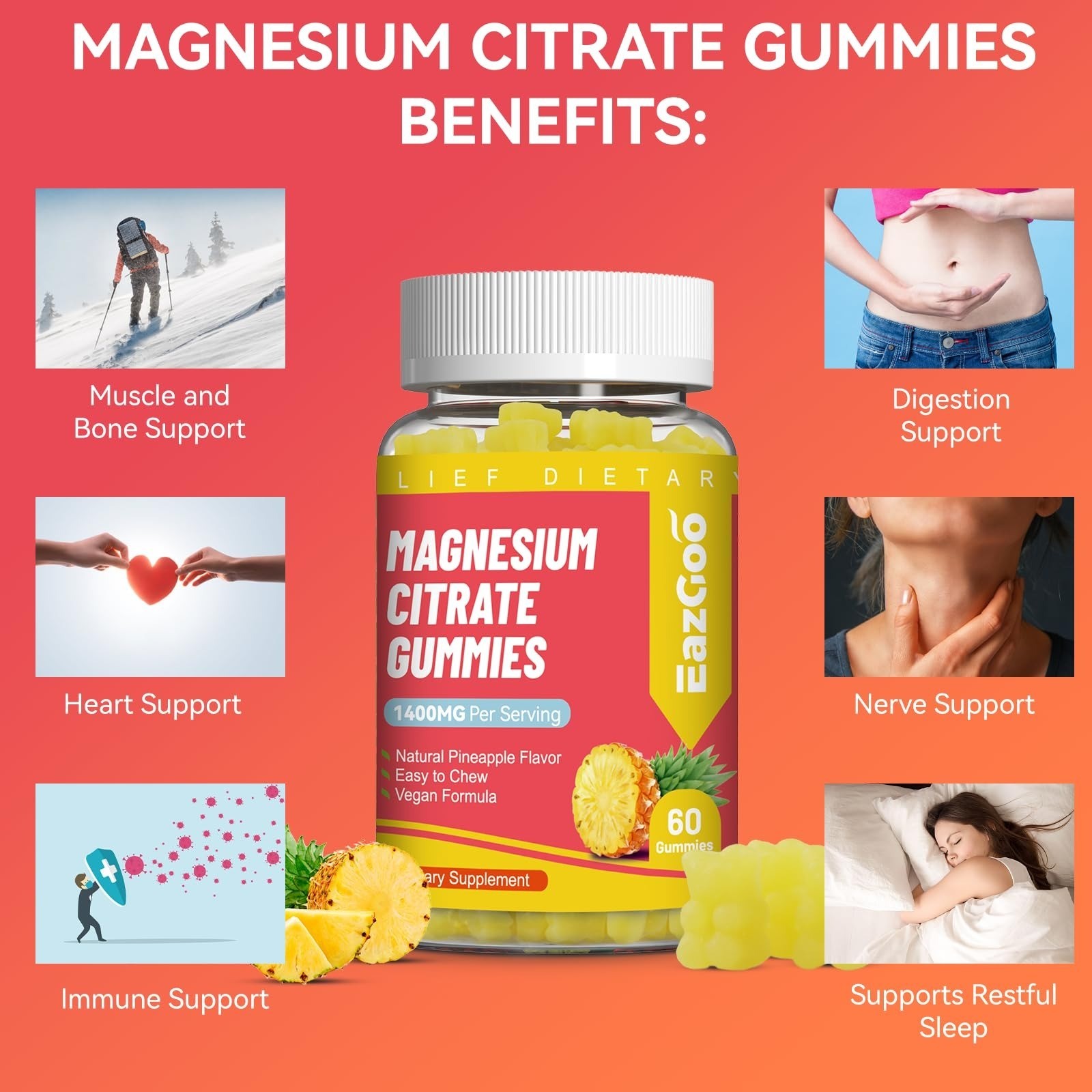 EAZGOO 1400MG Magnesium Citrate Gummies – Vegan, Non-GMO, 60 Count