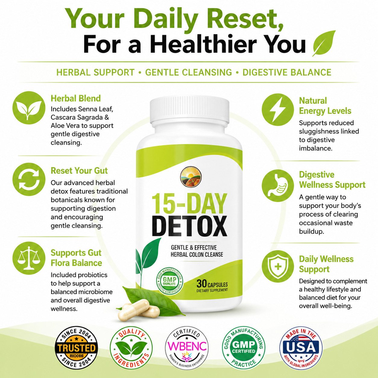 3 Pack Herbal Digestive Support Capsules 15 Day Supply Dietary Supplement 30Ct