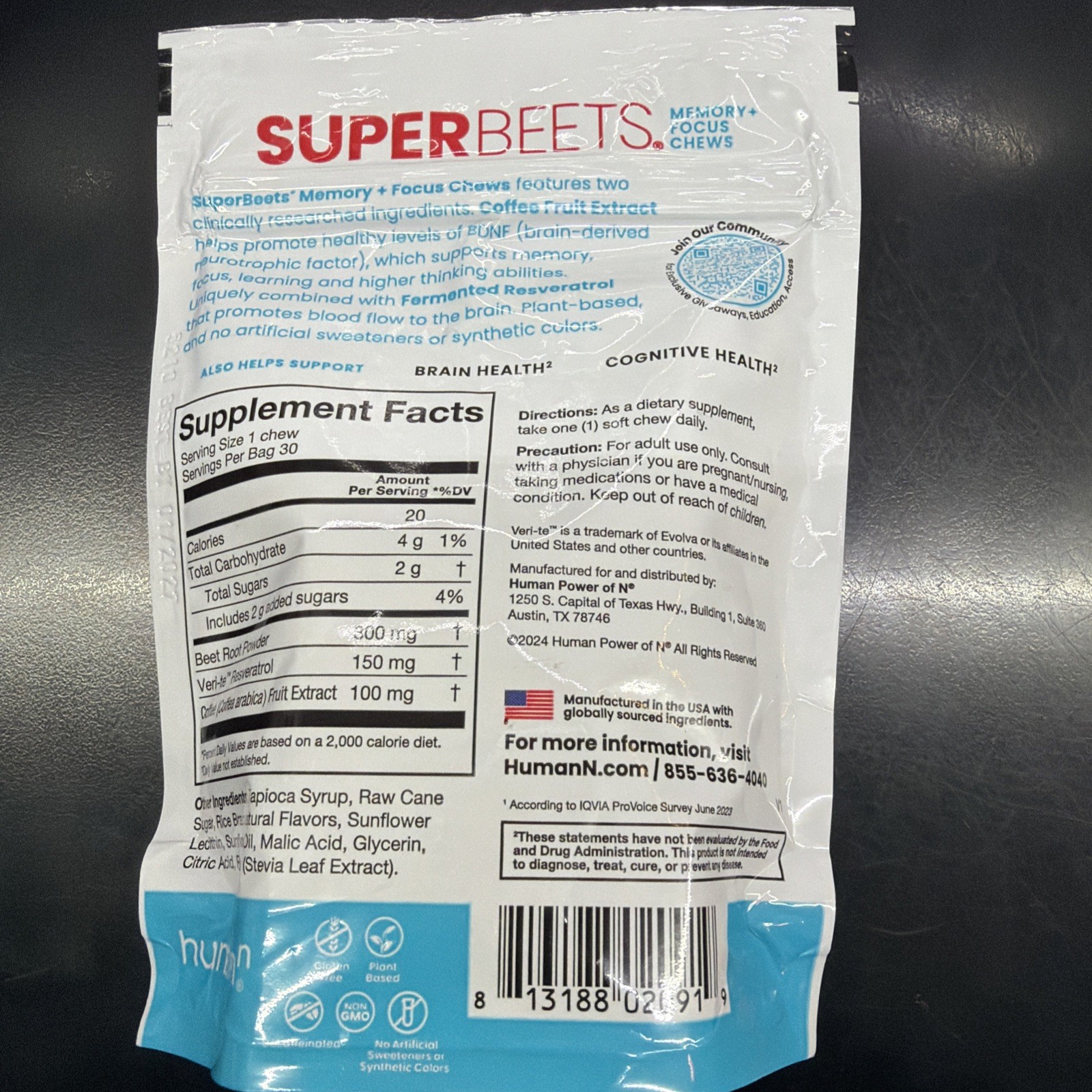SuperBeets Chews 30 Count Brain Health Support Memory Focus Alertness Nootropic