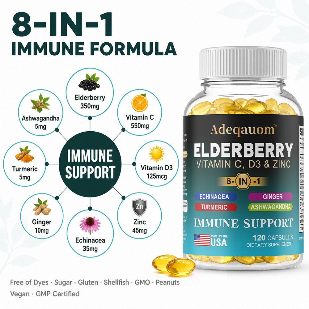 8in1 Elderberry Immune Support Caps with VitaminC D3 Zinc&Natural Herbs 30~120CT