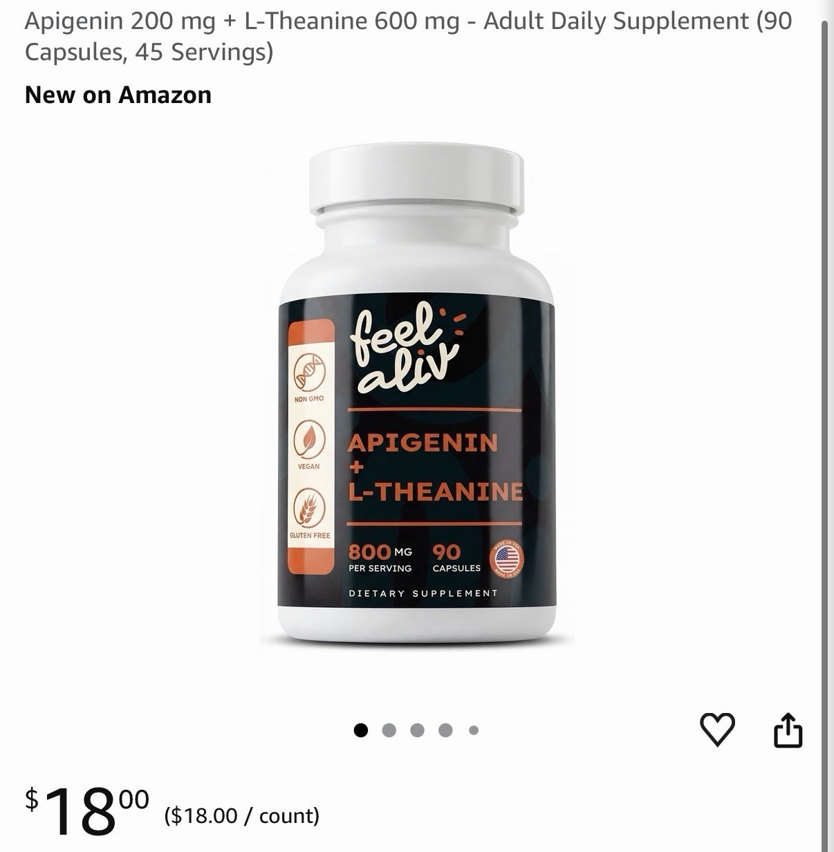 feel aliv Apigenin + L-Theanine 800mg Caps 90ct Vegan Non-GMO Gluten-Free