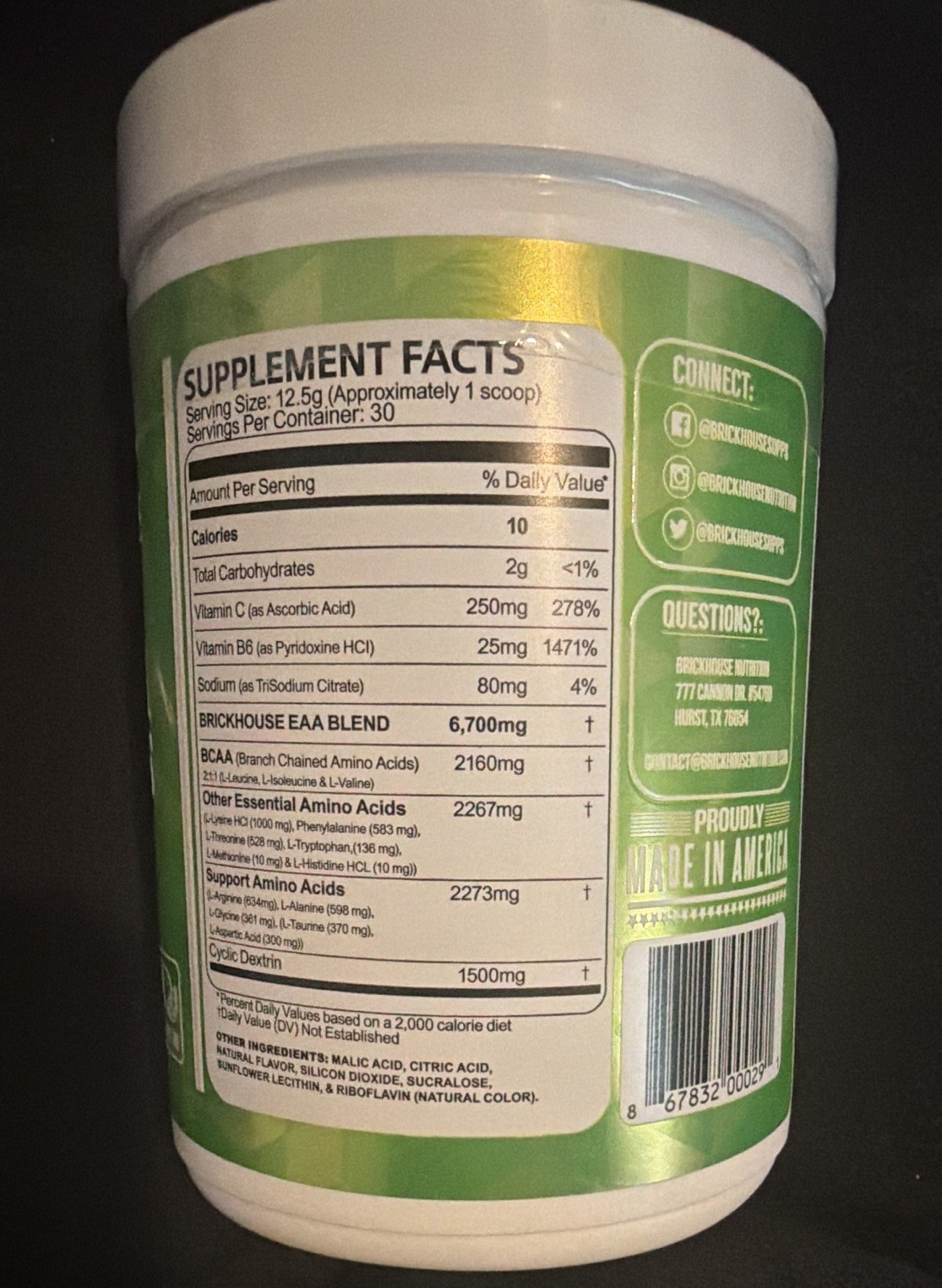 BrickHouse Nutrition Essential Amino Acids Powder Lemon Lime 13.2 oz 30 Servings