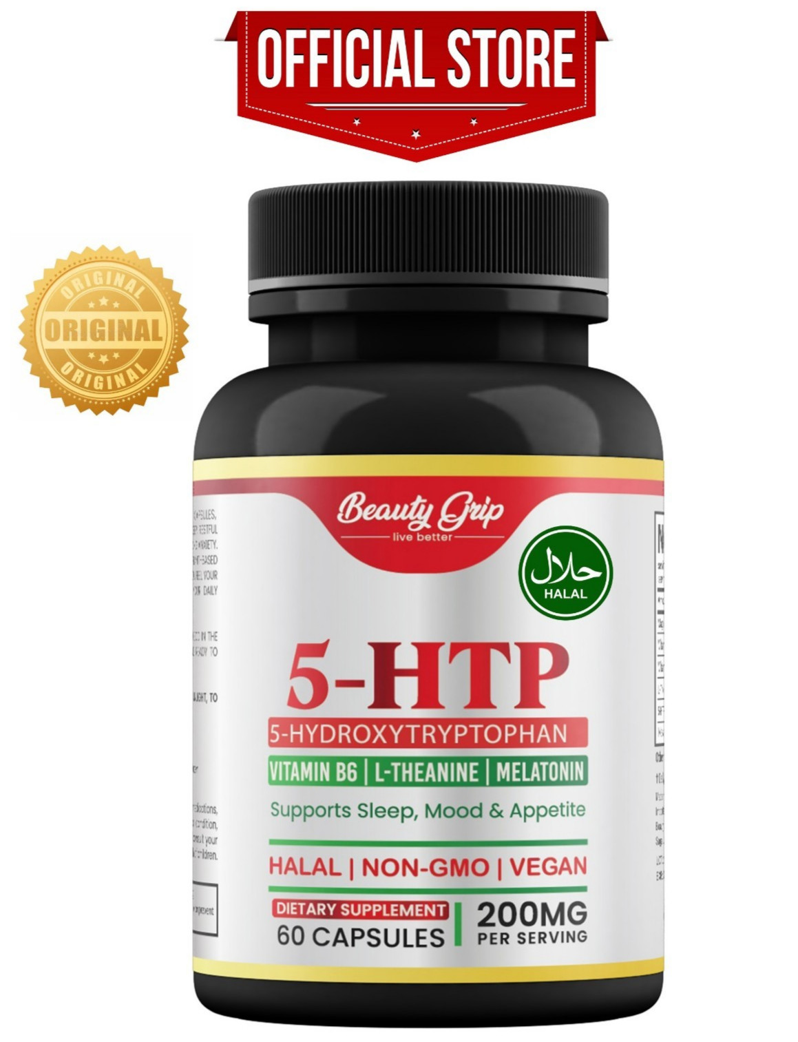 5-HTP 200mg with L-Theanine, Vitamin B6, B12 & Magnesium – Vegan, Halal, Non GMO
