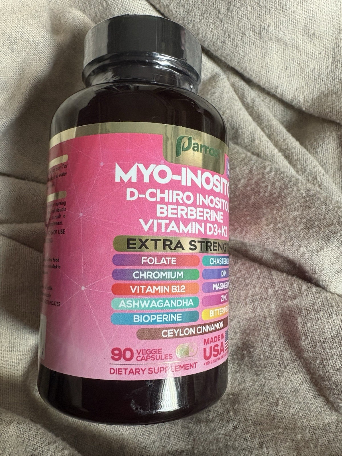 Parrox Myo-Inositol D-Chiro Inositol Berberine Vitamin D3 K2 90 Capsules