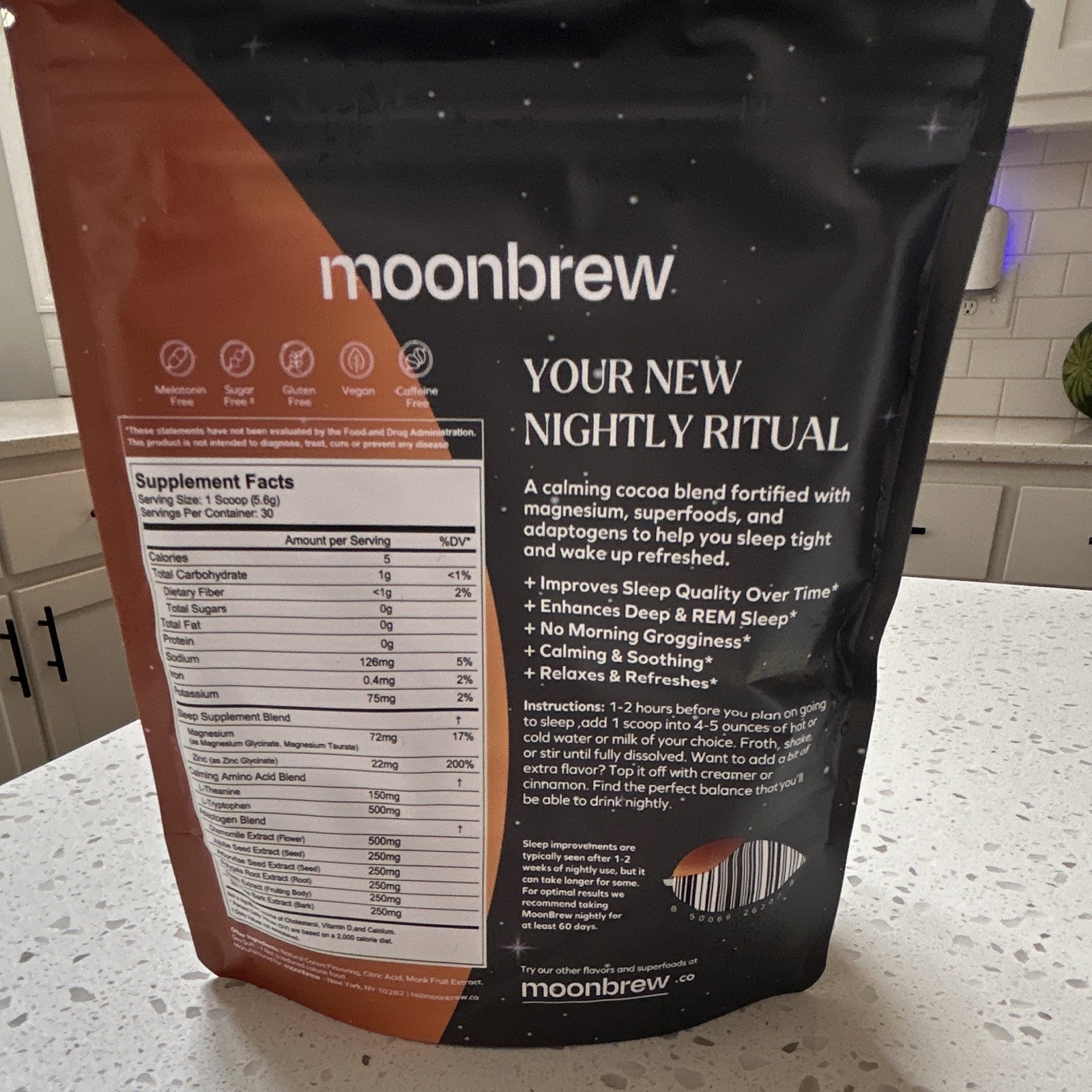 moonbrew Night Time Hot Cocoa Powder Herbal Supplement, Melatonin-Free, 5.95 oz