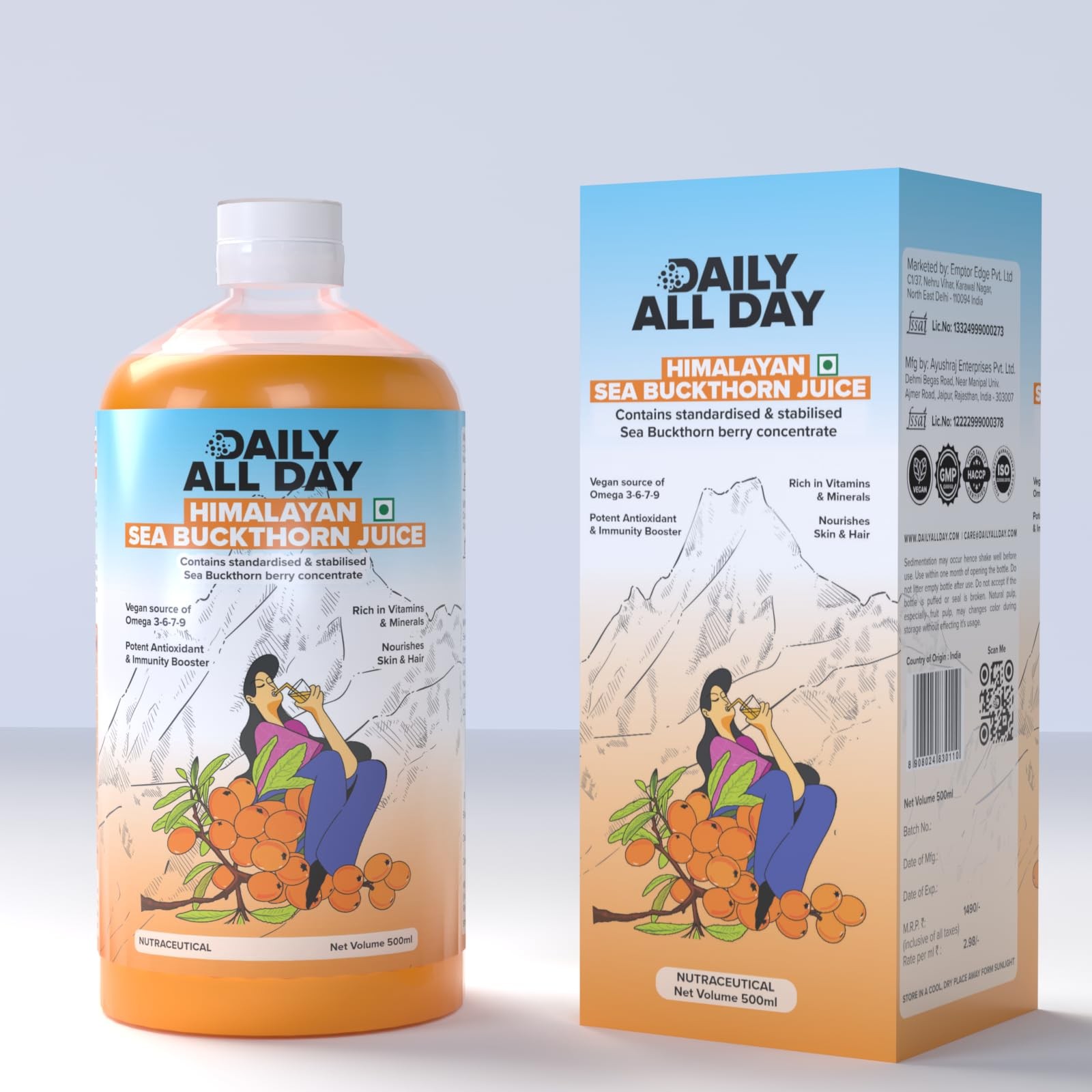 Daily All Day Himalayan Sea Buckthorn Juice Berry Pulp Omega 7 16.9 Fl Oz 500
