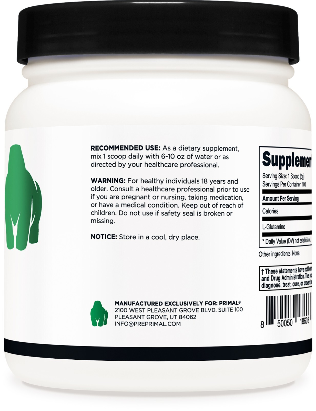 Primal L-Glutamine Powder (500 Grams, 100 Servings) | Pure Unflavored Glutamine