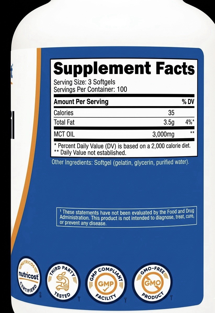 Nutricost MCT Oil Softgels 3000mg 300 GMO-Free Gluten-Free Third Party Tested