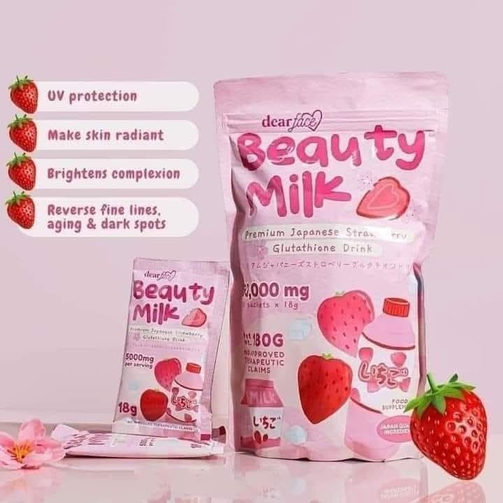 Dear Face Beauty Milk Japanese Collagen STRAWBERRY Drink, 10 Sachets X 18g