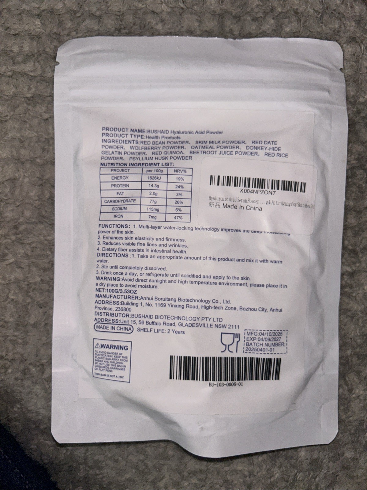 100g Bushaid Hyaluronic Acid Powder Deeply Hydrates & Increases Skin-Moisture