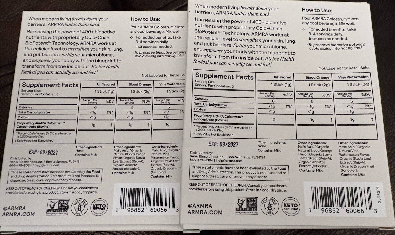 ARMRA Colostrum Powder Sample Pack 3 Travel Sticks, Immune/Digestive, Flavors
