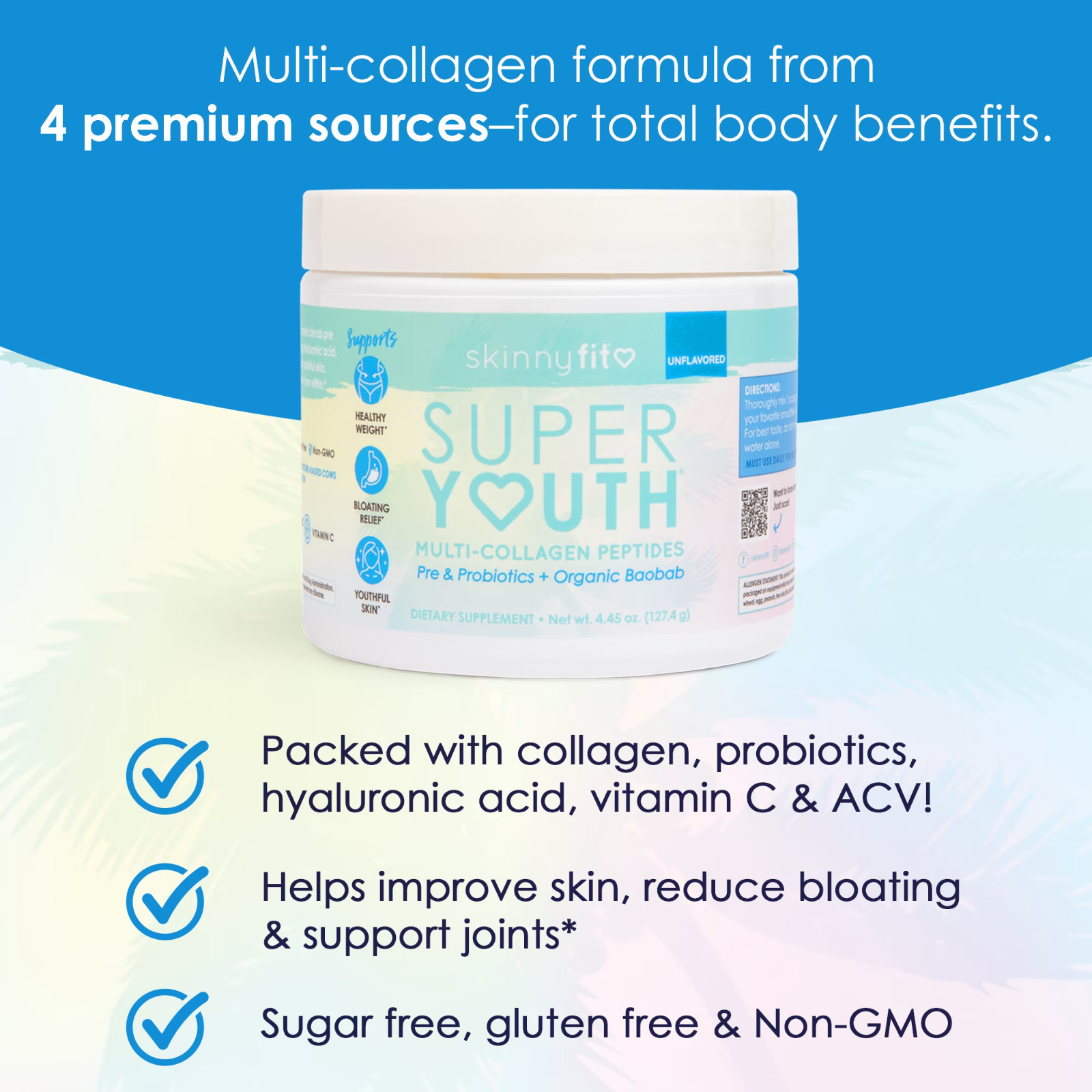 SkinnyFit Super Youth Collagen Peptides Powder Unflavored Probiotics 14 Servings