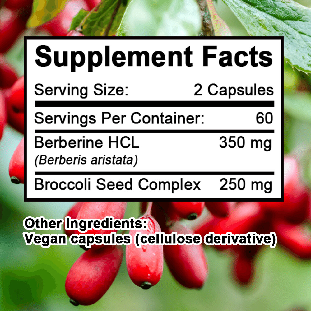 Blood Sugar Support Supplement 600mg Bioavailable Berberine Broccoli Seed
