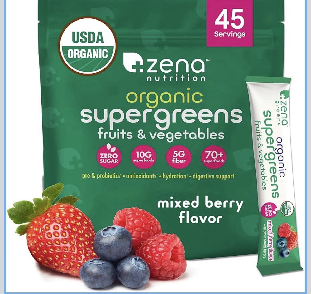 Zena Nutrition Organic Supergreens Powder Zero Sugar Non-GMO Mixed Berry